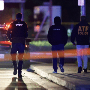 police walk at the scene after several people were shot at a family gathering