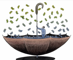 Man standing in upturned umbrella catching falling cash