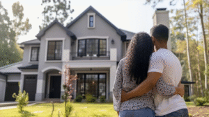 black couple looks at nice house