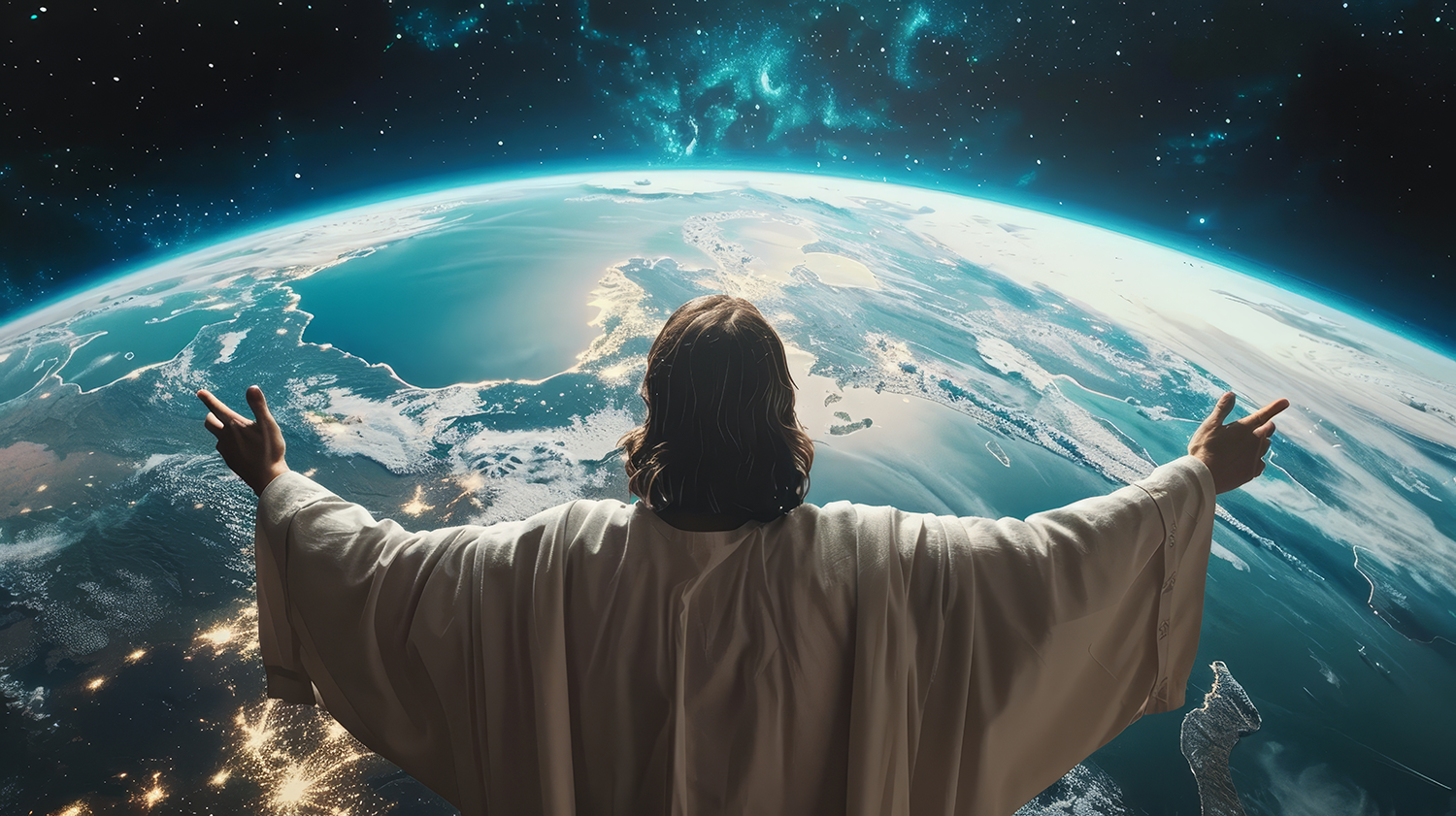 Jesus spreads loving arms over the earth