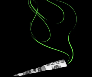 Stylized image of burning money with green smoke - marijuana